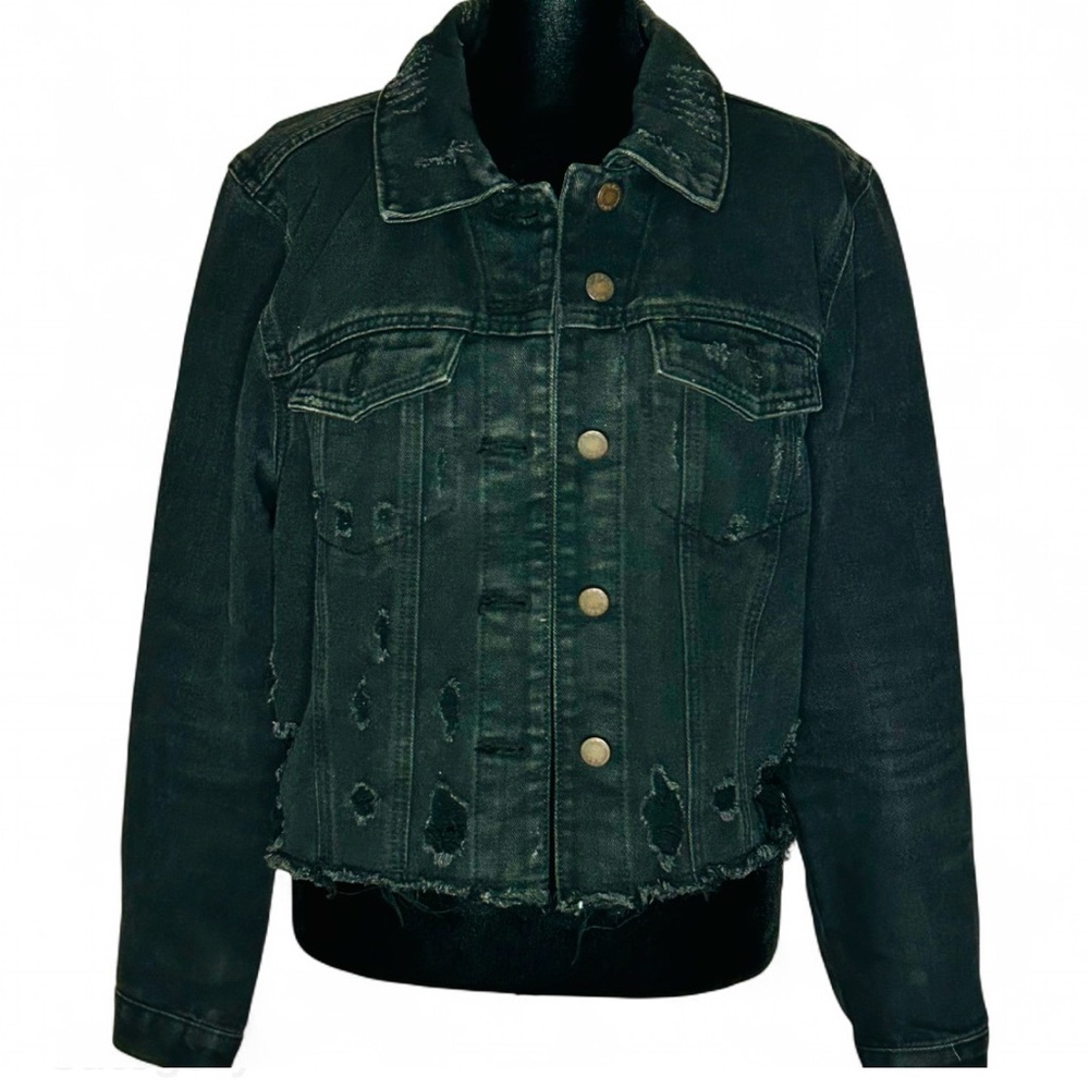 BBJ Los Angeles Black Jean destressed Jacket Bottom Up Pockets L,  Long Sleeve